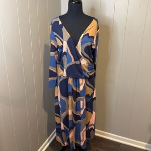 Boden Women’s 16L/Extra Large Midi Dress Long Sleeve Wrap Retro Pattern